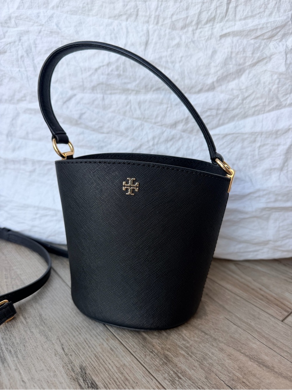 Tory Burch Emerson Mini Bucket Bag Black Saffiano Leather Crossbody Handbag